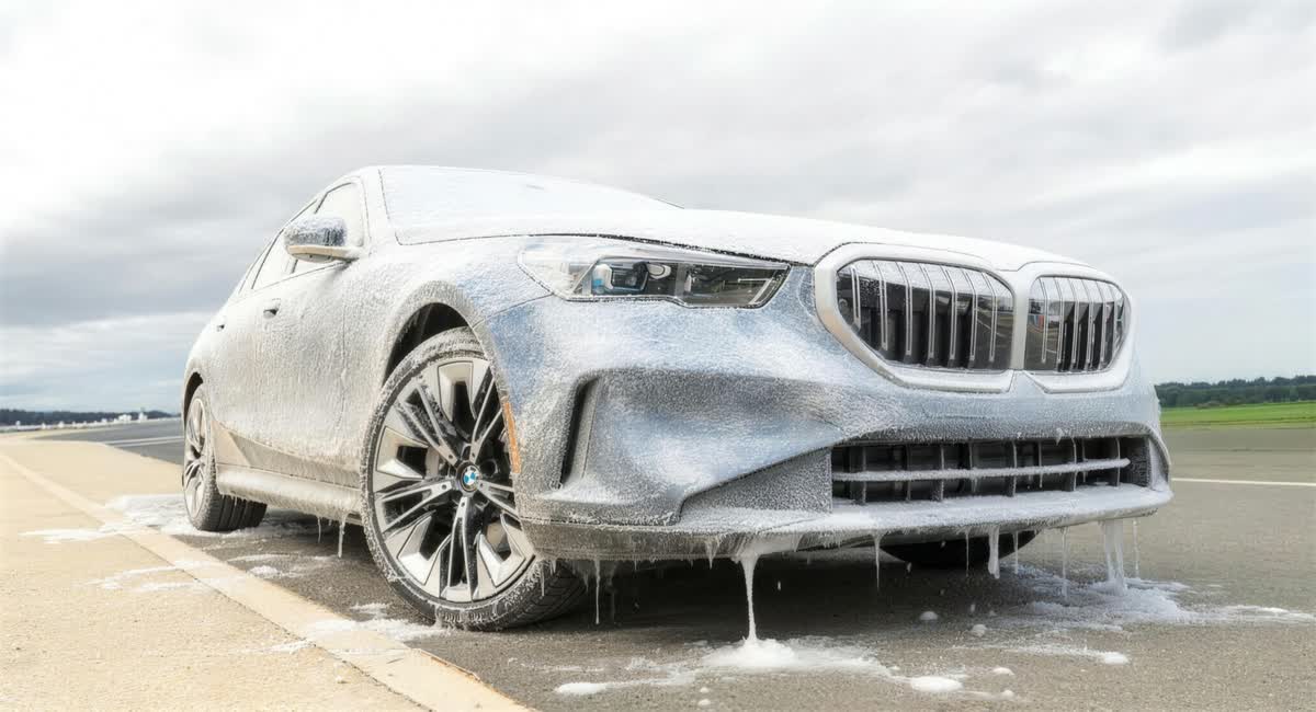 BMW 5 Series under foam during a collector-grade mobile wash in Newport Beach